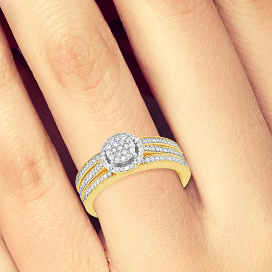 3 band Diamond Halo Engagement Ring .33 CTW Round Cut 10K Yellow Gold