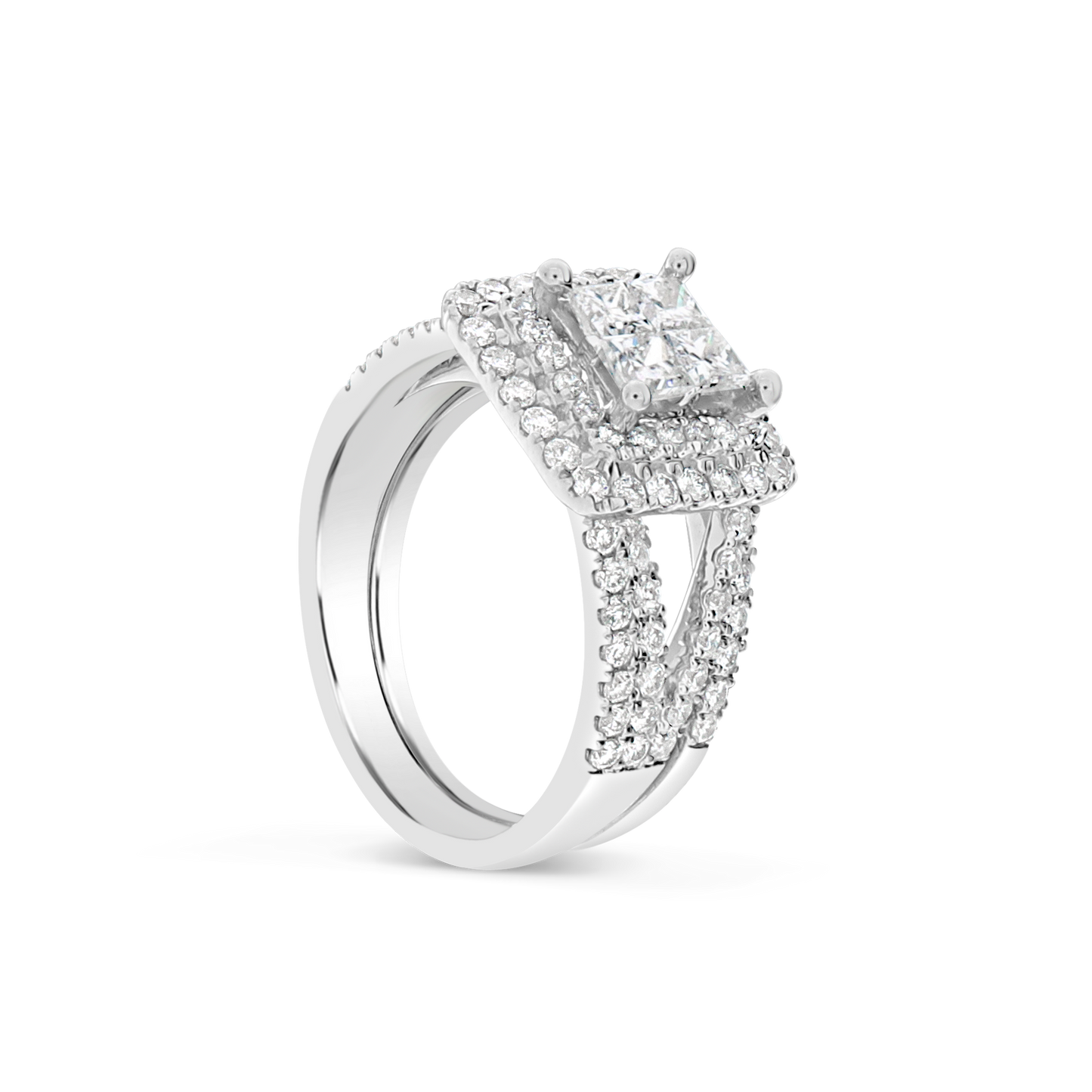 Diamond Halo Engagement Ring 1.74 CTW Princess w/ Round Cut 14K White Gold