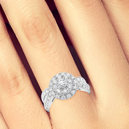 Diamond Halo Engagement Ring1 CTW Round Cut 14K White Gold