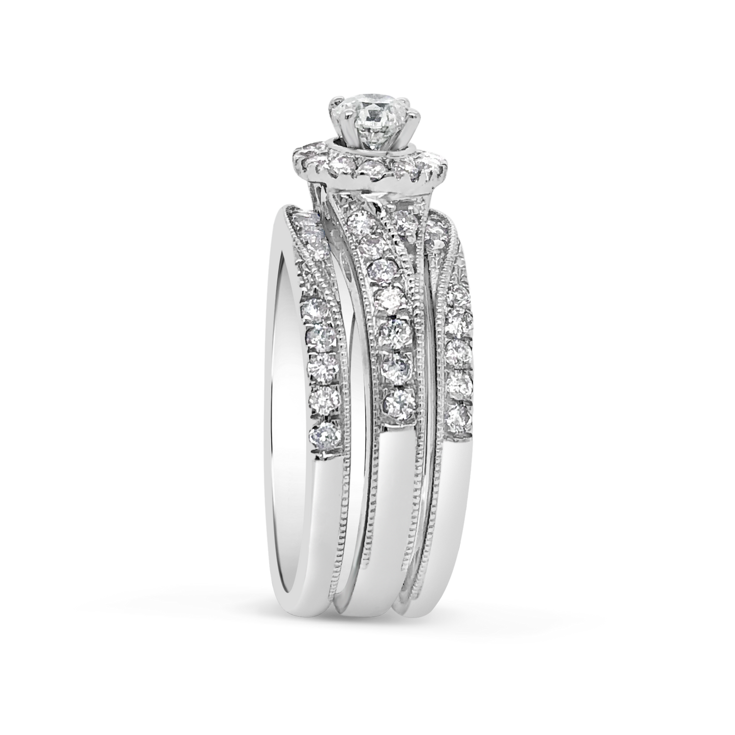 3 Band Diamond Halo Engagement Ring 1.30 CTW Round Cut 14K White Gold
