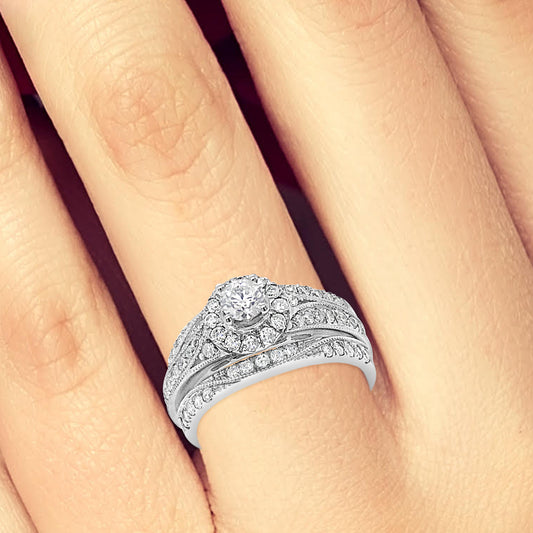3 Band Diamond Halo Engagement Ring 1.30 CTW Round Cut 14K White Gold