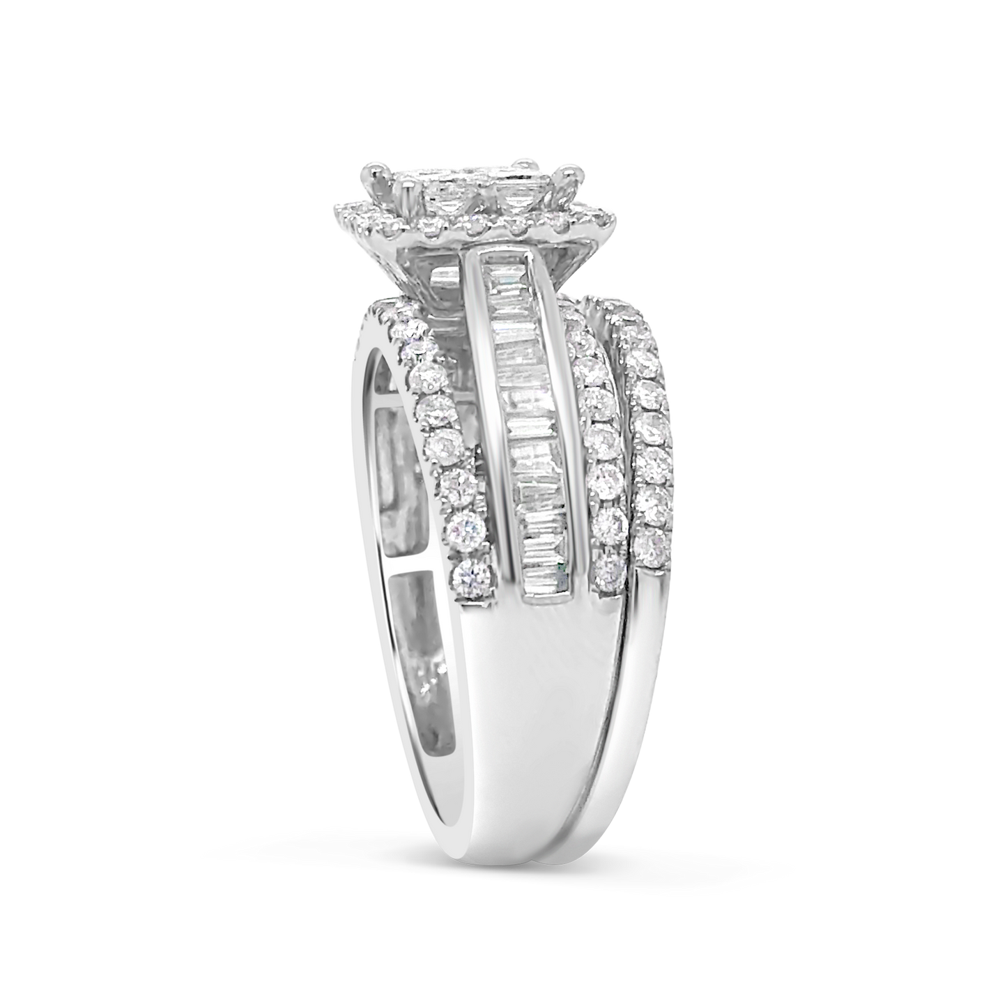 Diamond Halo Engagement Ring 1.59 CTW Princess Cut w/ Round Cut & Baguettes 14K White Gold