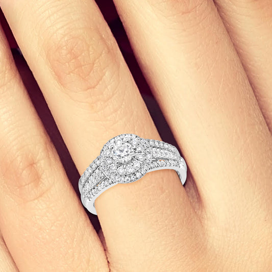 Diamond Halo Engagement Ring 1 CTW Round Cut 14K White Gold