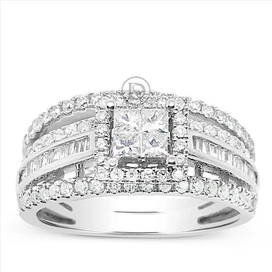 Diamond Halo Engagement Ring .95 CTW Princess w/ Round Cut & Baguettes 14K White Gold