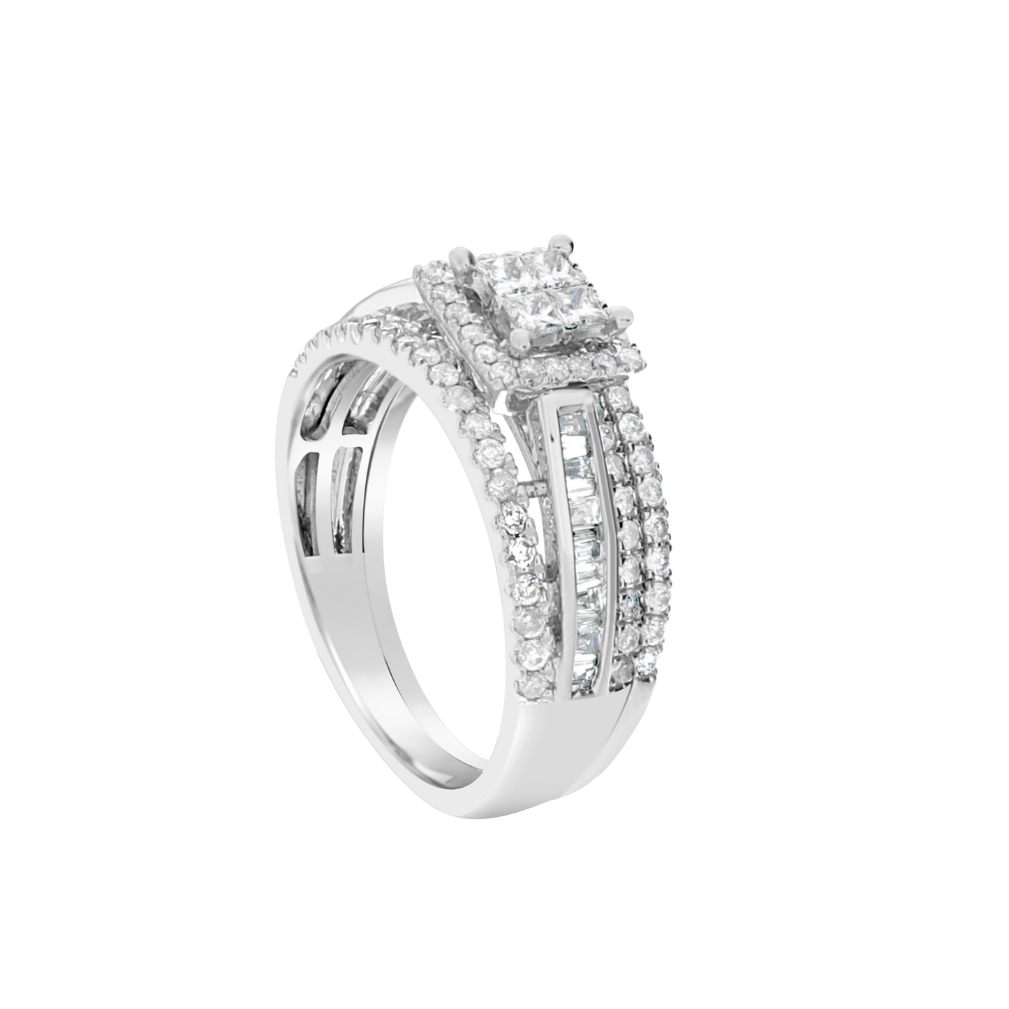 Diamond Halo Engagement Ring .95 CTW Princess w/ Round Cut & Baguettes 14K White Gold