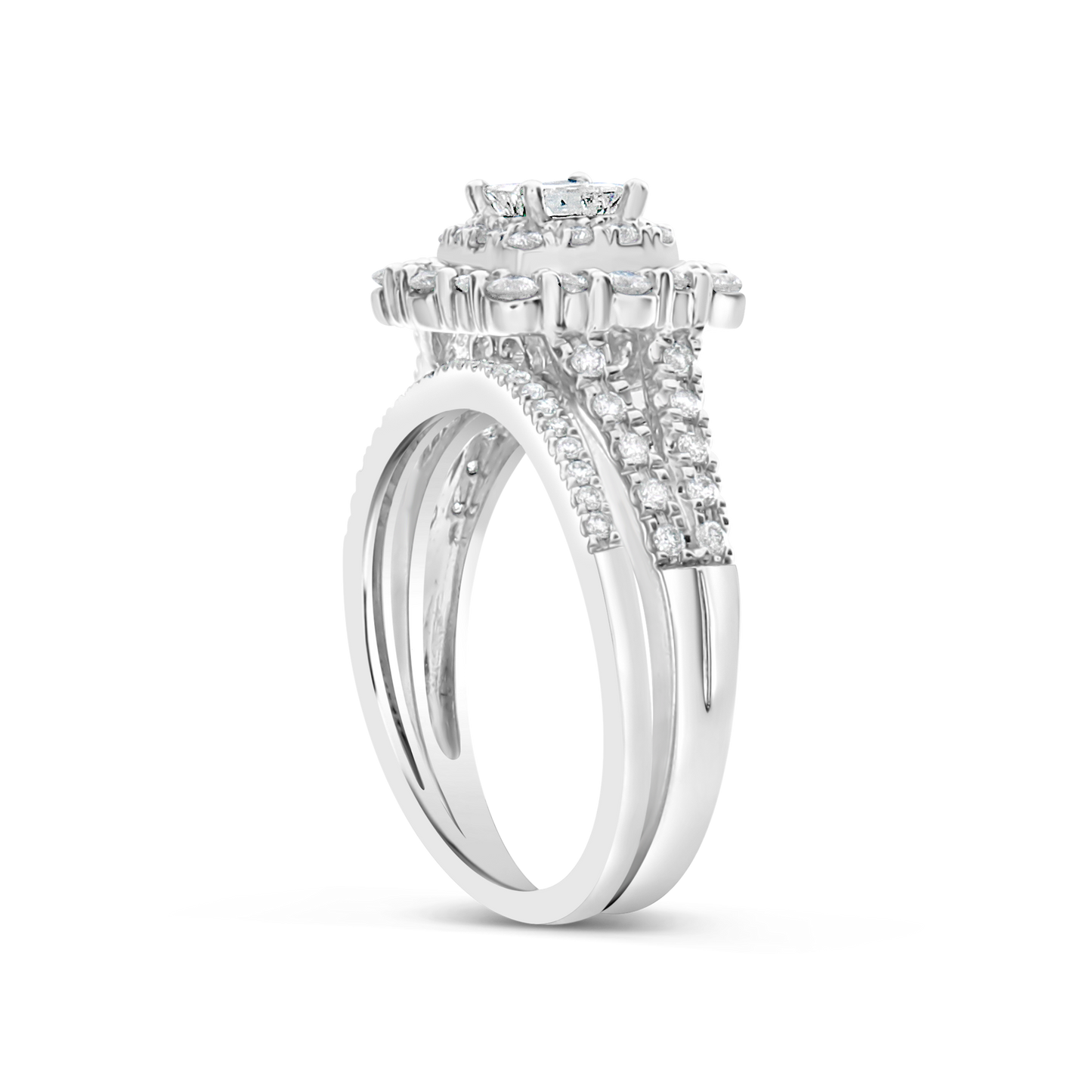3 RING DIAMOND HALO ENGAGEMENT RING 1.50 CTW BAGUETTES W/ROUND CUT 14K WHITE GOLD