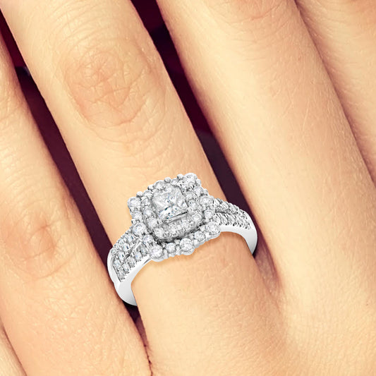 3 RING DIAMOND HALO ENGAGEMENT RING 1.50 CTW BAGUETTES W/ROUND CUT 14K WHITE GOLD