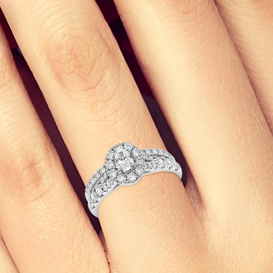 Diamond Oval Halo Engagement Ring 1.19 CTW Round Cut 14K White Gold