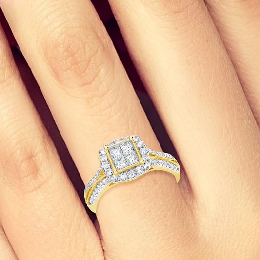 Diamond Engagement Ring 1 CTW Princess & Round Cut 14K Yellow Gold