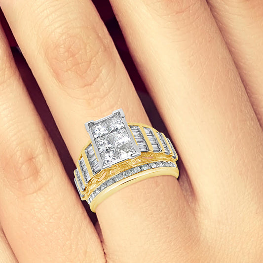 Diamond Ring 3 CTW Princess Cut w/ Baguettes & Round Cut 14K Yellow Gold