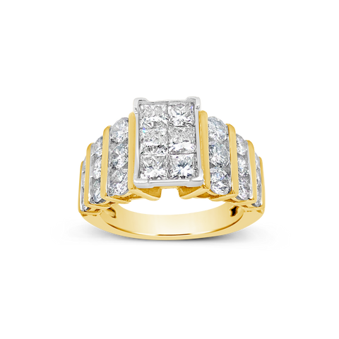 Diamond Halo Ring 3 CTW Princess Cut w/ Round Cut 14K Yellow Gold