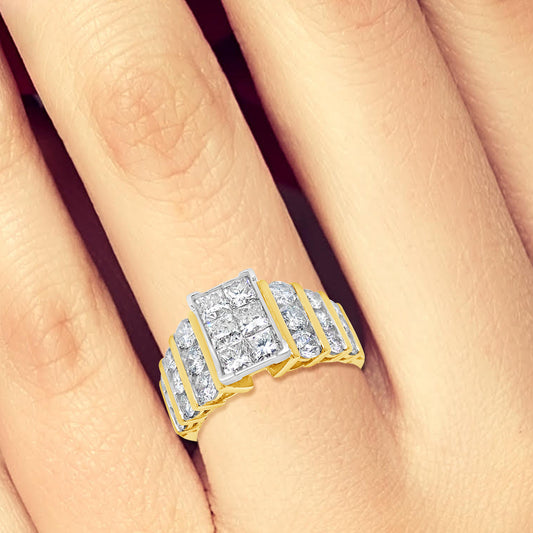 Diamond Halo Ring 3 CTW Princess Cut w/ Round Cut 14K Yellow Gold