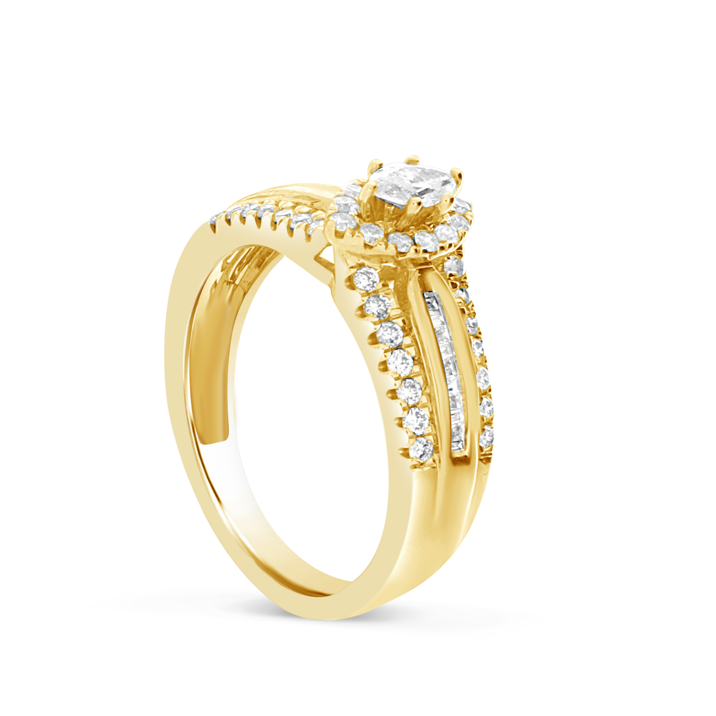 Diamond Halo Engagement Ring .75 CTW Marquise w/ Round and Baguette Cut 14K Yellow Gold