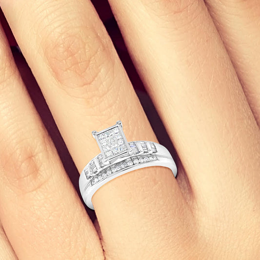 Diamond Engagement Ring .50 CTW Princess & Round Cut w/ Baguettes 14K White Gold