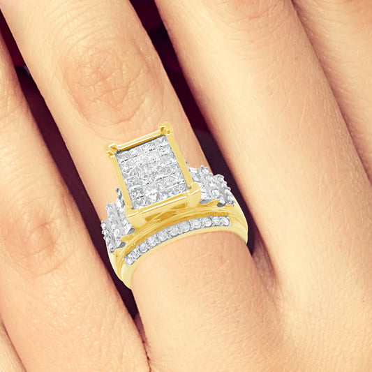 Diamond Engagement Ring 2 CTW Princess & Round Cut w/ Baguettes 10K Yellow Gold