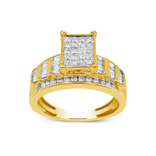 Diamond Engagement Ring 1 CTW Princess & Round Cut w/ Baguettes 10K White Gold