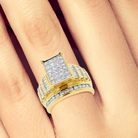 Diamond Ring 2 CTW Princess Cut w/ Baguettes & Round Cut 10K Yellow Gold
