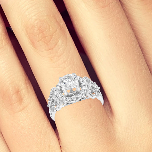 Diamond Halo Engagement Ring 1.70 CTW Round Cut 18K White Gold