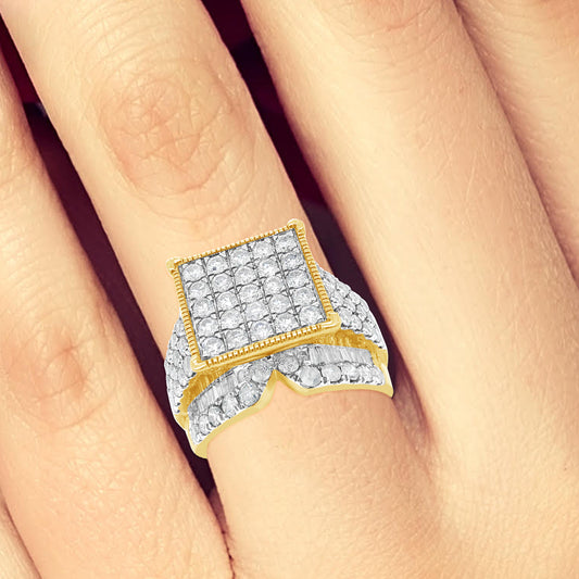 Diamond Ring 3 CTW Round Cut w/ Baguettes 10K Yellow Gold