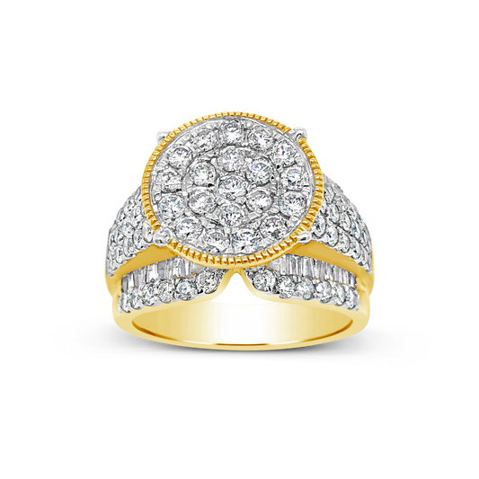 Diamond Halo Ring 2 CTW Round Cut w/ Baguettes 10K Yellow Gold