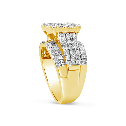 Diamond Halo Ring 2 CTW Round Cut w/ Baguettes 10K Yellow Gold