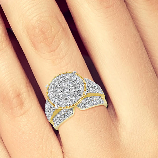 Diamond Halo Ring 2 CTW Round Cut w/ Baguettes 10K Yellow Gold