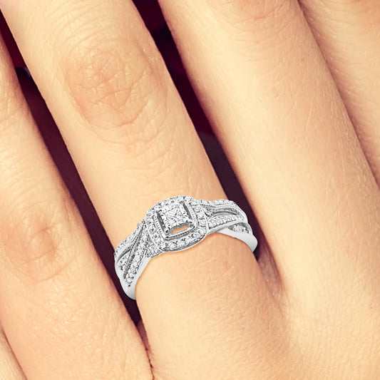 Diamond Halo Engagement Ring .25 CTW Princess w/ Round Cut 10K White Gold