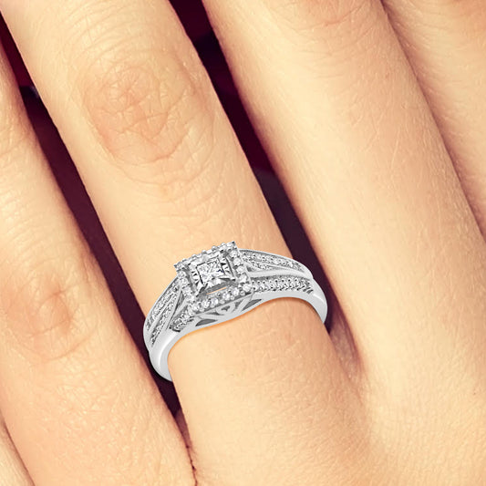 Diamond Halo Engagement Ring .25 CTW Princess w/ Round Cut 10K White Gold