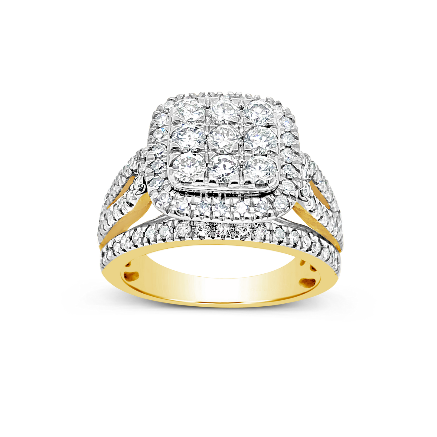 Diamond Halo Ring 2 CTW Round Cut 14K Yellow Gold