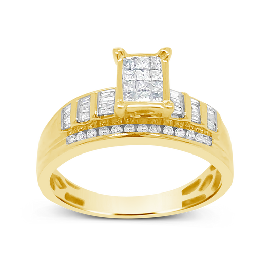 Diamond Engagement Ring .50 CTW Princess & Round Cut w/ Baguettes 10K Yellow Gold