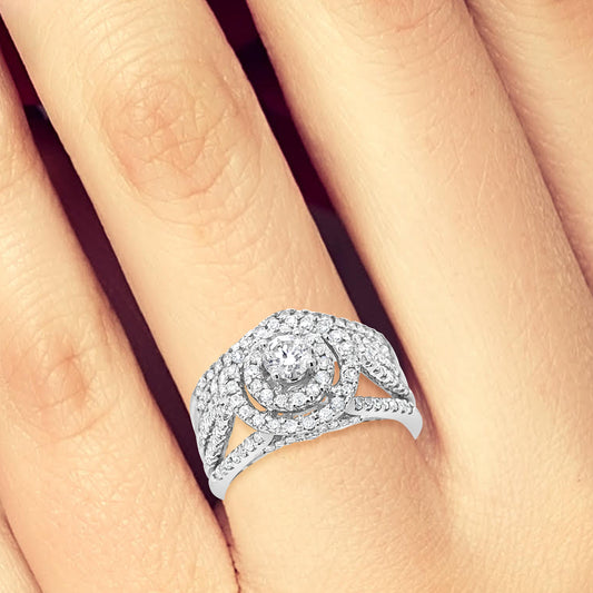 Diamond Halo Engagement Ring 1 CTW Round Cut 14K White Gold