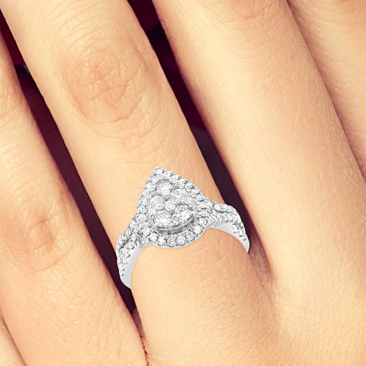 Diamond Halo Pear Shaped Engagement Ring 1 CTW Round Cut 14K White Gold