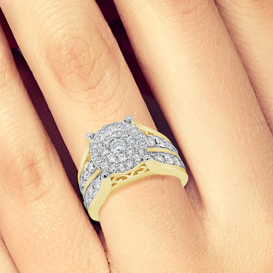 Diamond Halo Ring 2 CTW Round Cut 10K Yellow Gold