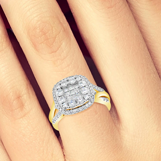 Diamond Halo Ring 1 CTW Princess Cut w/Round Cut 14K Yellow Gold
