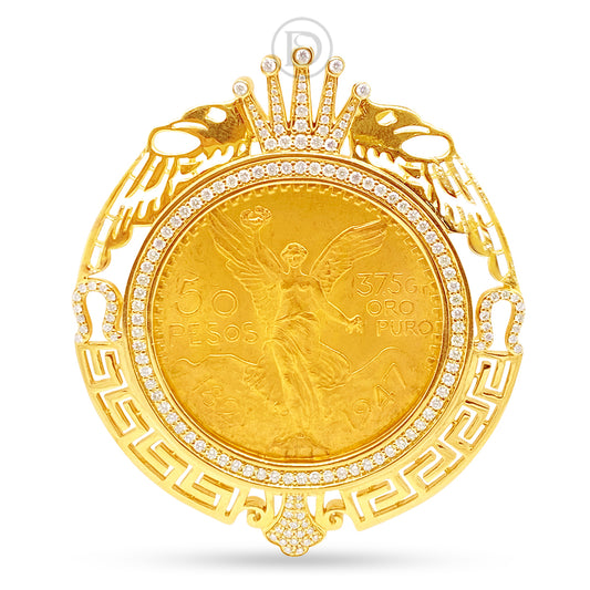 10K Yellow Gold Centenario 50 Pesos Coin Diamond Pendant with Crown and Greek Key