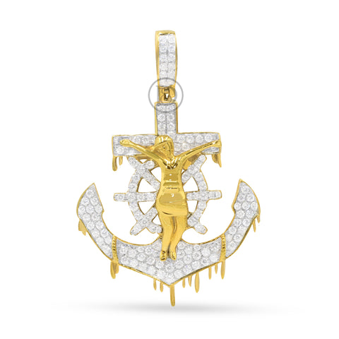 10K Yellow Gold Anchor Jesus Pendant 4.00CT Diamonds