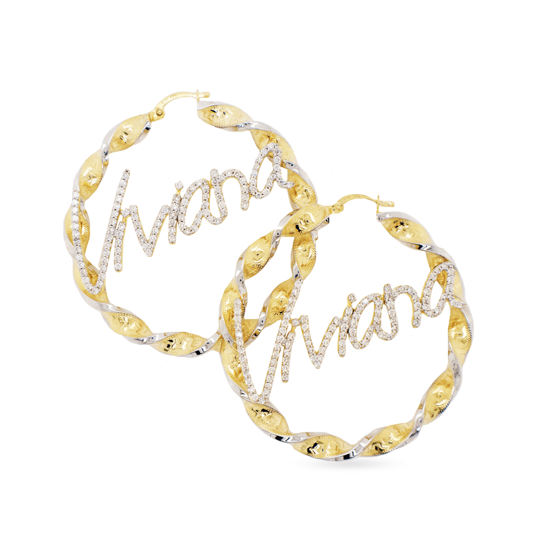 10K Yellow Gold Custom Personalized hoops with 2.62CT Diamond Name Plate