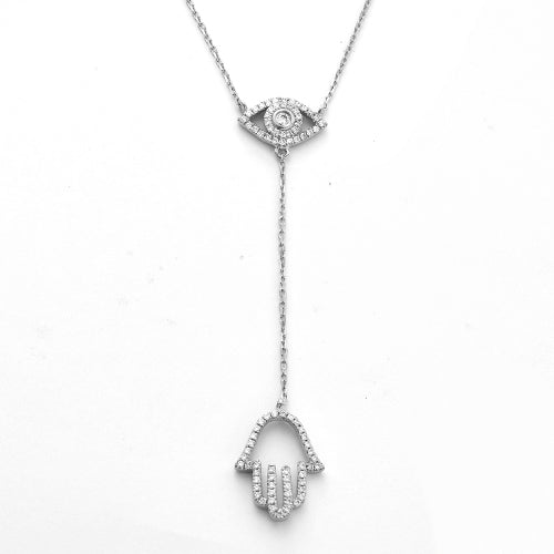 14KW 0.27CTW DIAMOND EVIL EYE WITH HAMZA NECKLACE