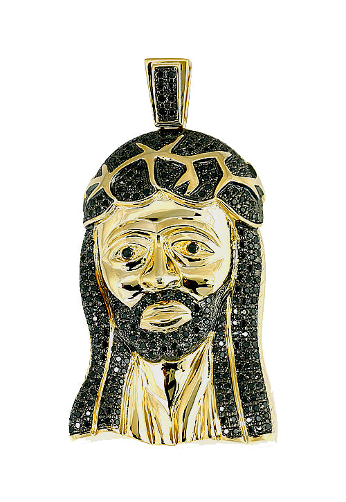 Yellow Silver 3.00CTW BLACK DIA JESUS HEAD CHARM