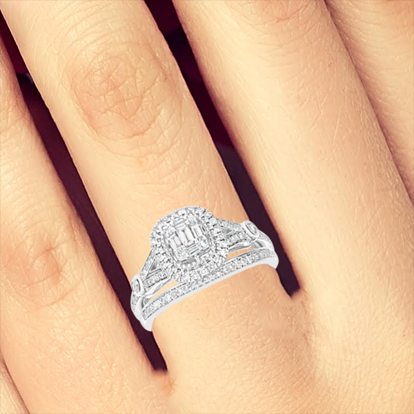 Diamond Halo Engagement Ring .50 CTW Baguette w/ Round Cut 14K White Gold