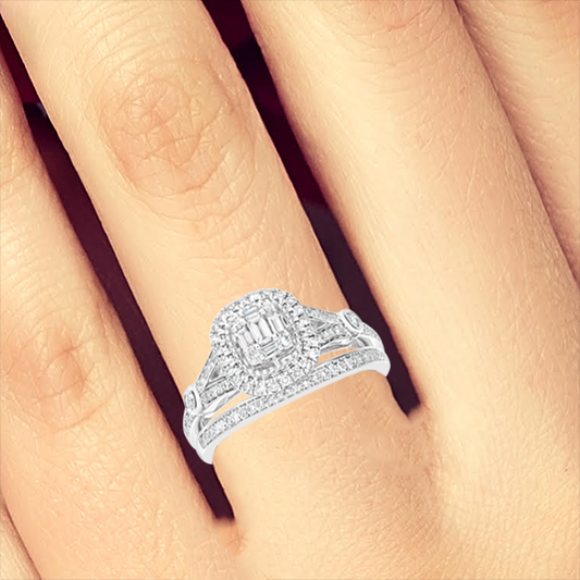 Diamond Halo Engagement Ring .50 CTW Baguette w/ Round Cut 14K White Gold