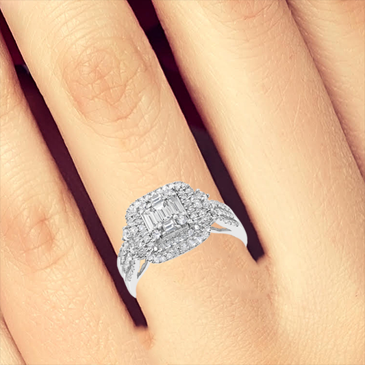 Diamond Halo Engagement Ring .90 CTW 14K Baugettes w/ Round CutWhite Gold