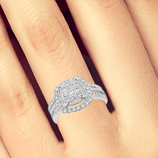 Diamond Halo Engagement Ring .98 CTW Princess w/ Round Cut 14K White Gold