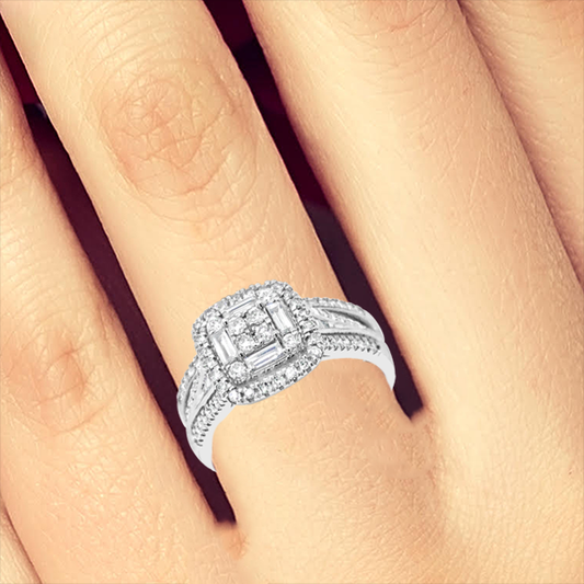 Diamond Halo Engagement Ring .65 CTW Round w/Baguette 14K white Gold