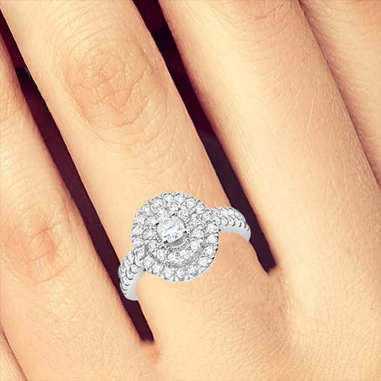 Diamond Halo Engagement Ring 1.03 CTW Princess Cut w/ Baguettes & Round Cut 14K White Gold