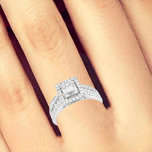 Diamond Halo Engagement Ring 1.15 CTW Bagguettes w/ Round Cut 14K White Gold