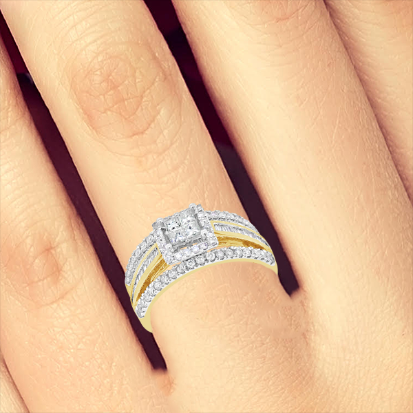 Diamond Halo Engagement Ring .93 CTW Princess Cut w/ Baguettes & Round Cut 14K Yellow Gold
