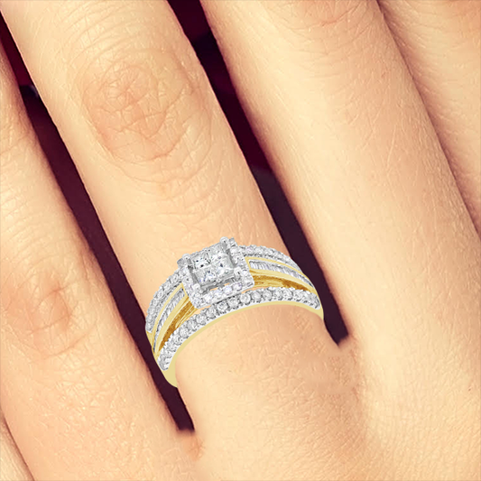 Diamond Halo Engagement Ring .93 CTW Princess Cut w/ Baguettes & Round Cut 14K Yellow Gold