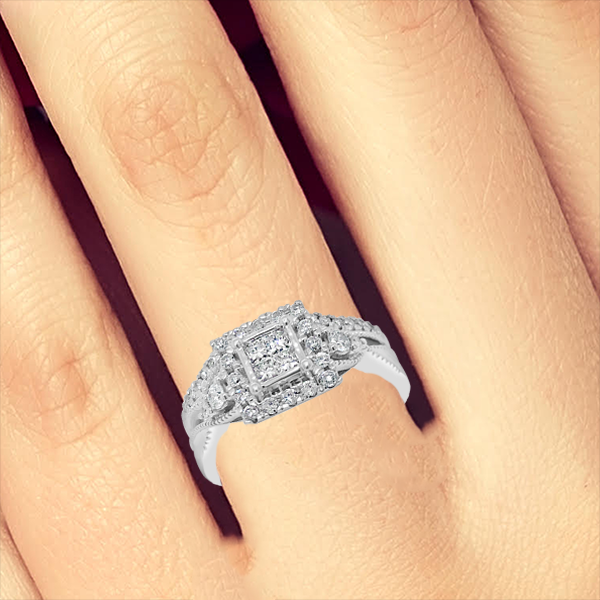 Diamond Halo Engagement Ring .75 CTW Princess Cut w/ Round Cut 14K White Gold