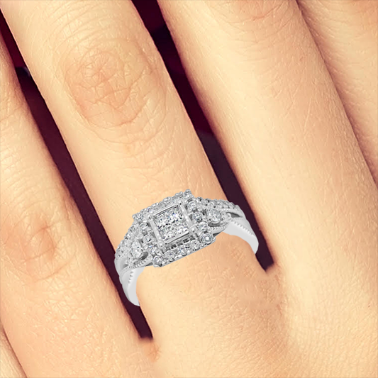 Diamond Halo Engagement Ring .75 CTW Princess Cut w/ Round Cut 14K White Gold